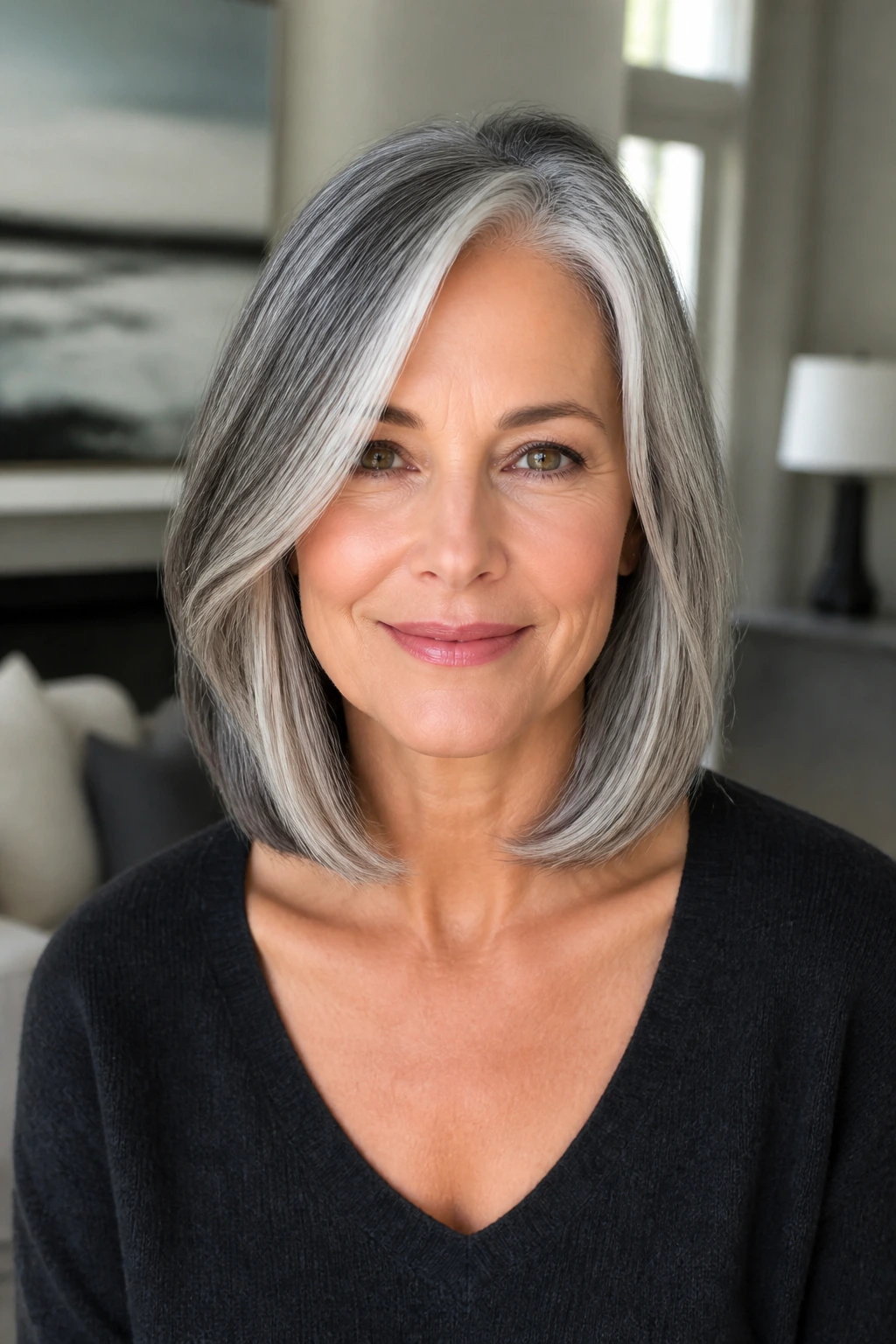 Portrait of a woman with a silver-blend lob on salt-and-pepper hair at collarbone length