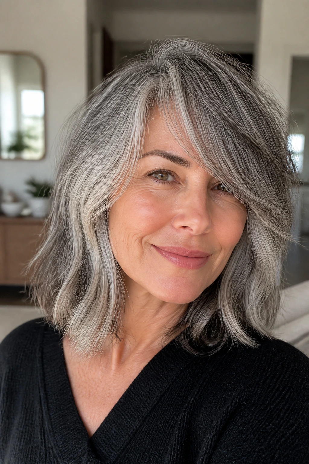 Salt-and-pepper lob with loose fringe in soft natural light.