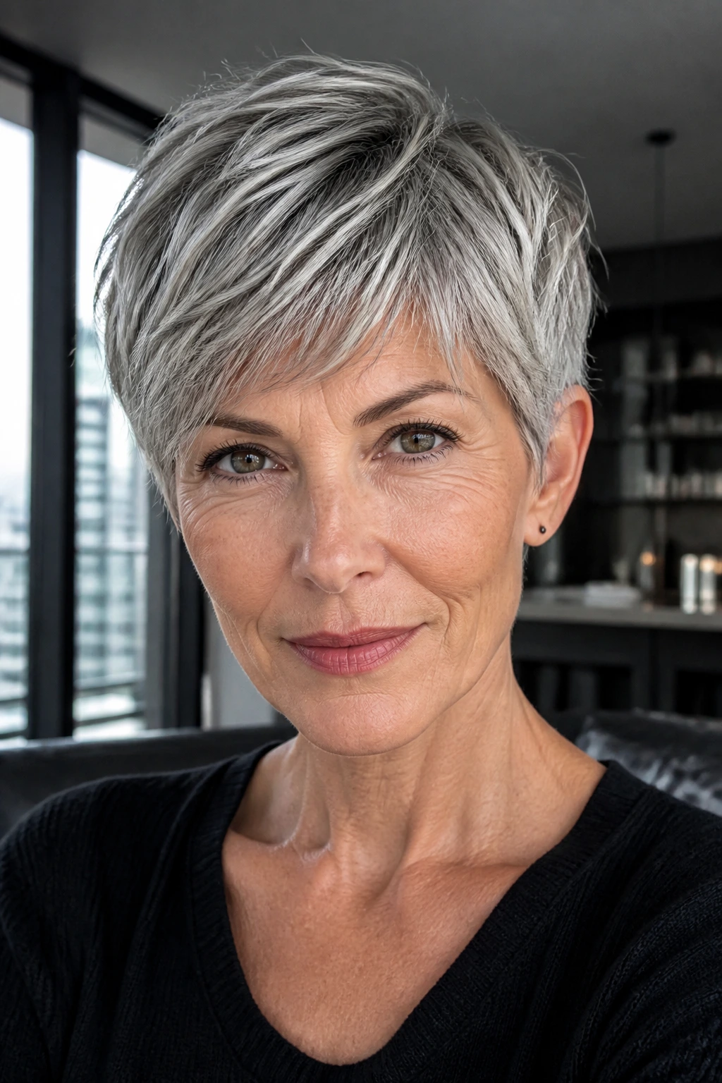 Portrait of silver-blend razor pixie with silver babylights.