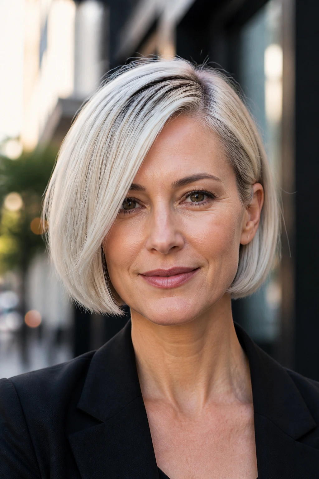 Close-up of silver-blond jaw-length bob on a real person