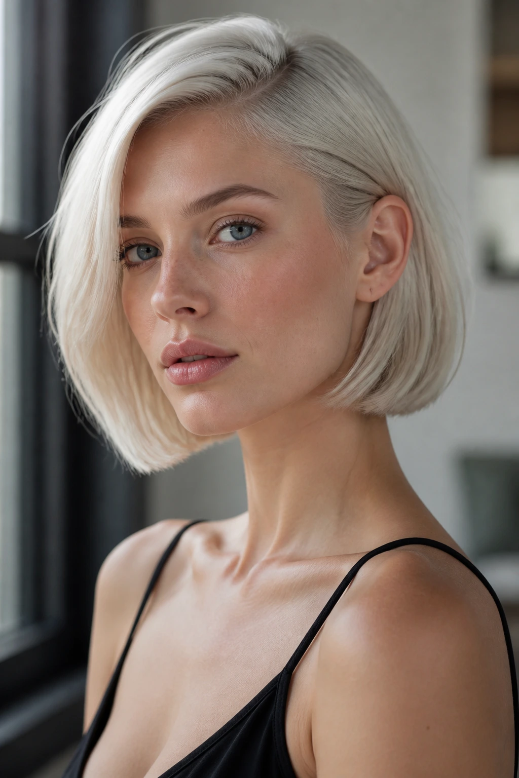 Real woman with silver-blonde French bob, jaw-skimming length