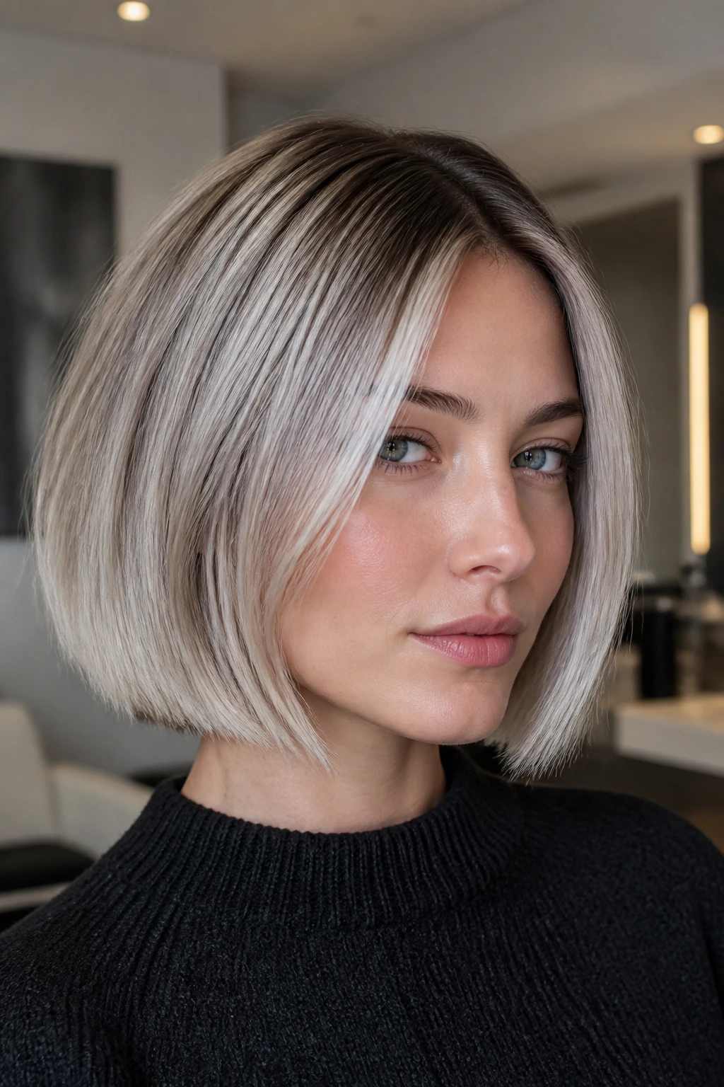 Real person with dimensional silver blonde balayage on a bob