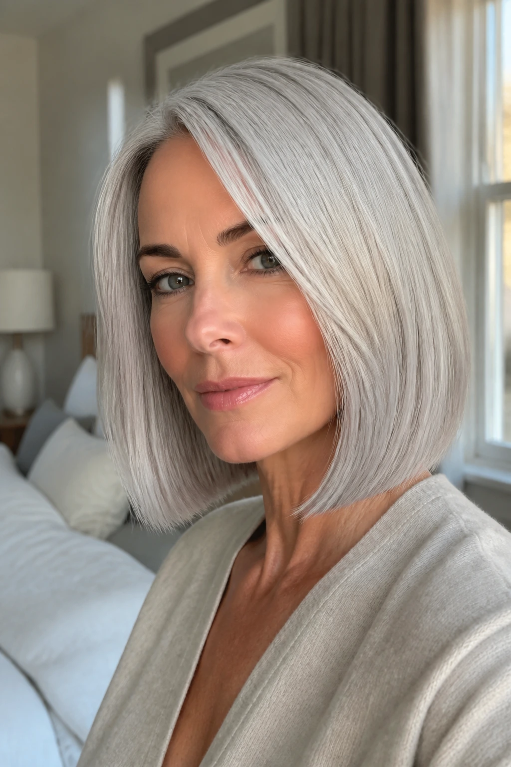 Close-up portrait of a real woman with silver blonde hair and crisp edge in natural window light.