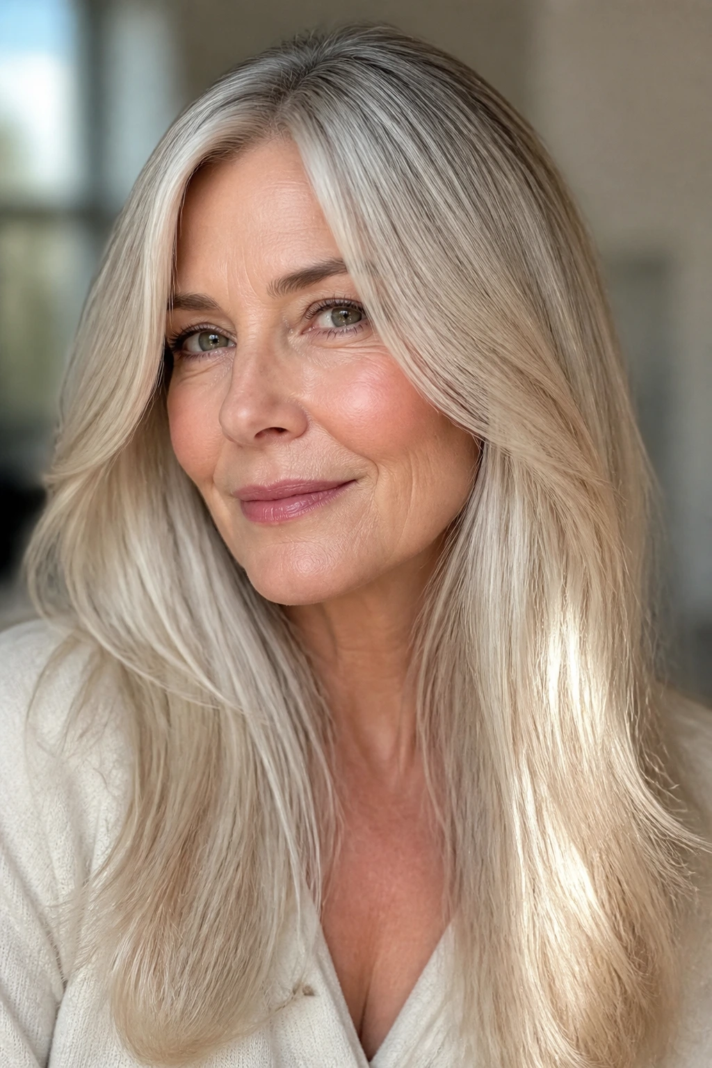 Close-up of silver-blonde hair with glossy finish on a real woman