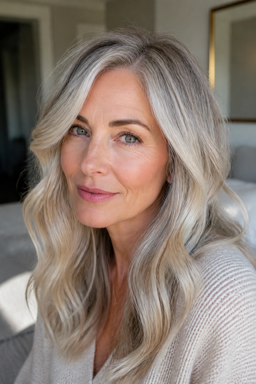 Portrait of a woman with a silver-blonde blend for grey transition