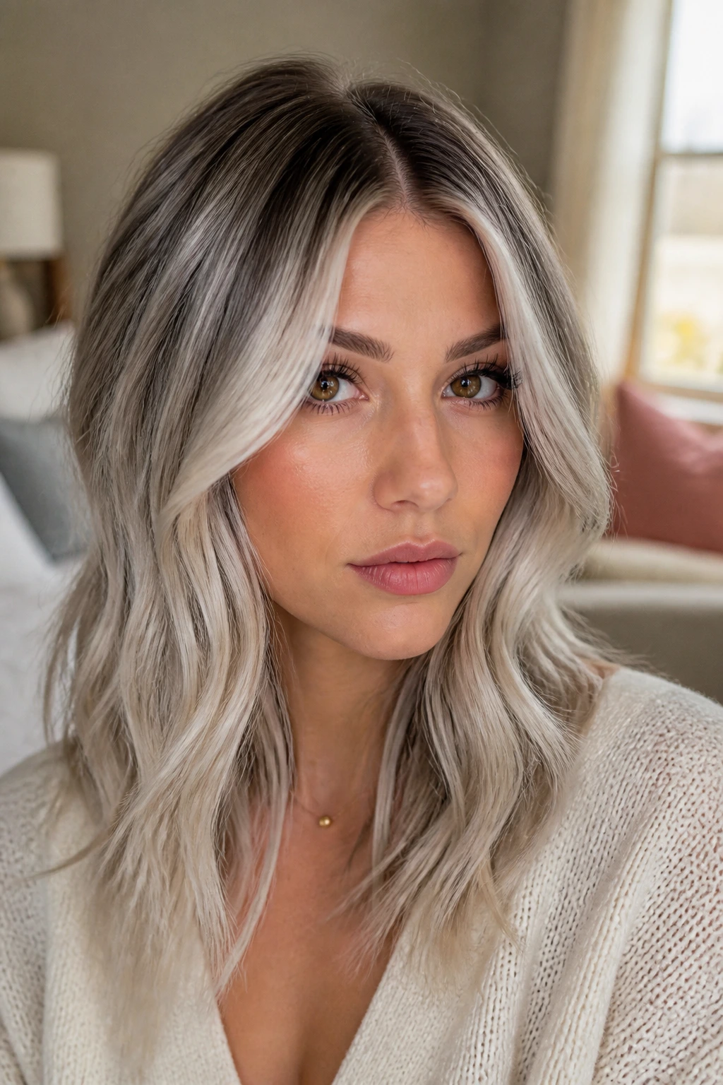 Close-up portrait of a real woman with silver-blonde hair in a middle part with root shadow and face-framing pieces