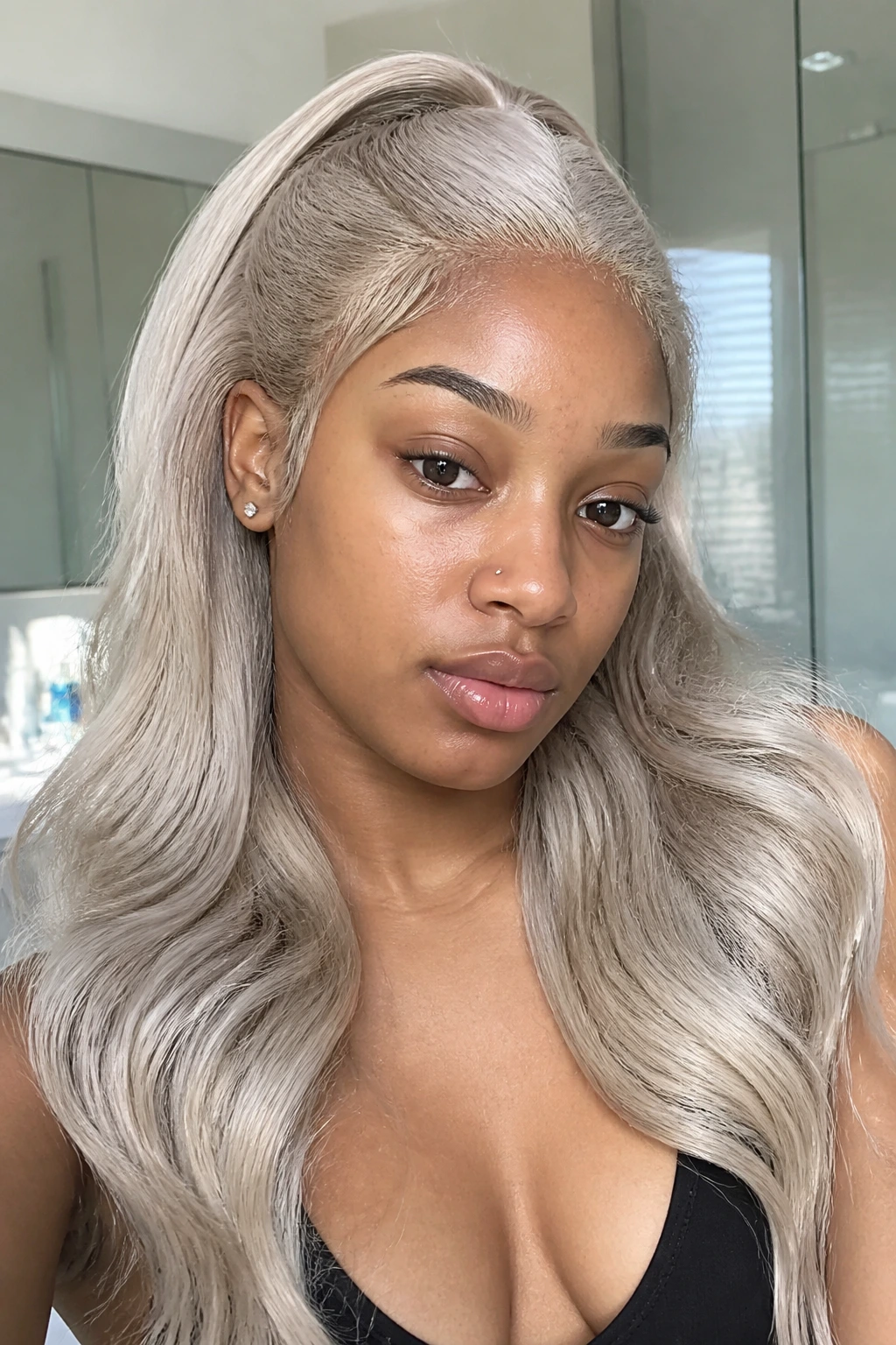 Real woman with silver-blonde half wig leave-out blend