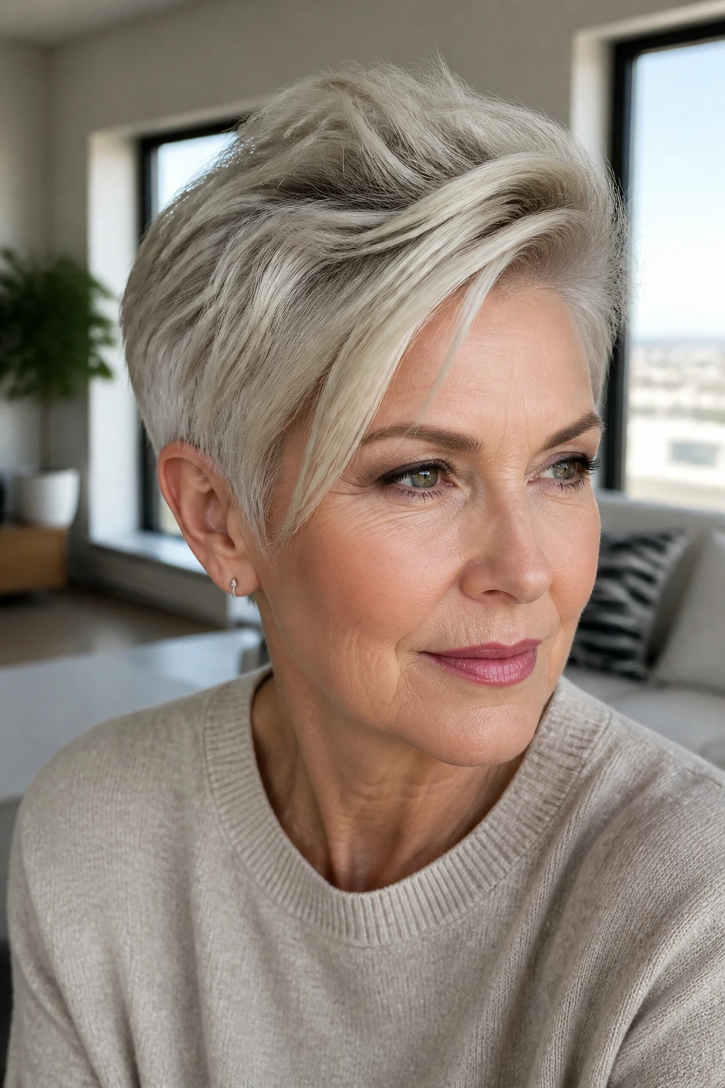 Close-up of silver-blonde pixie with longer crown on real person