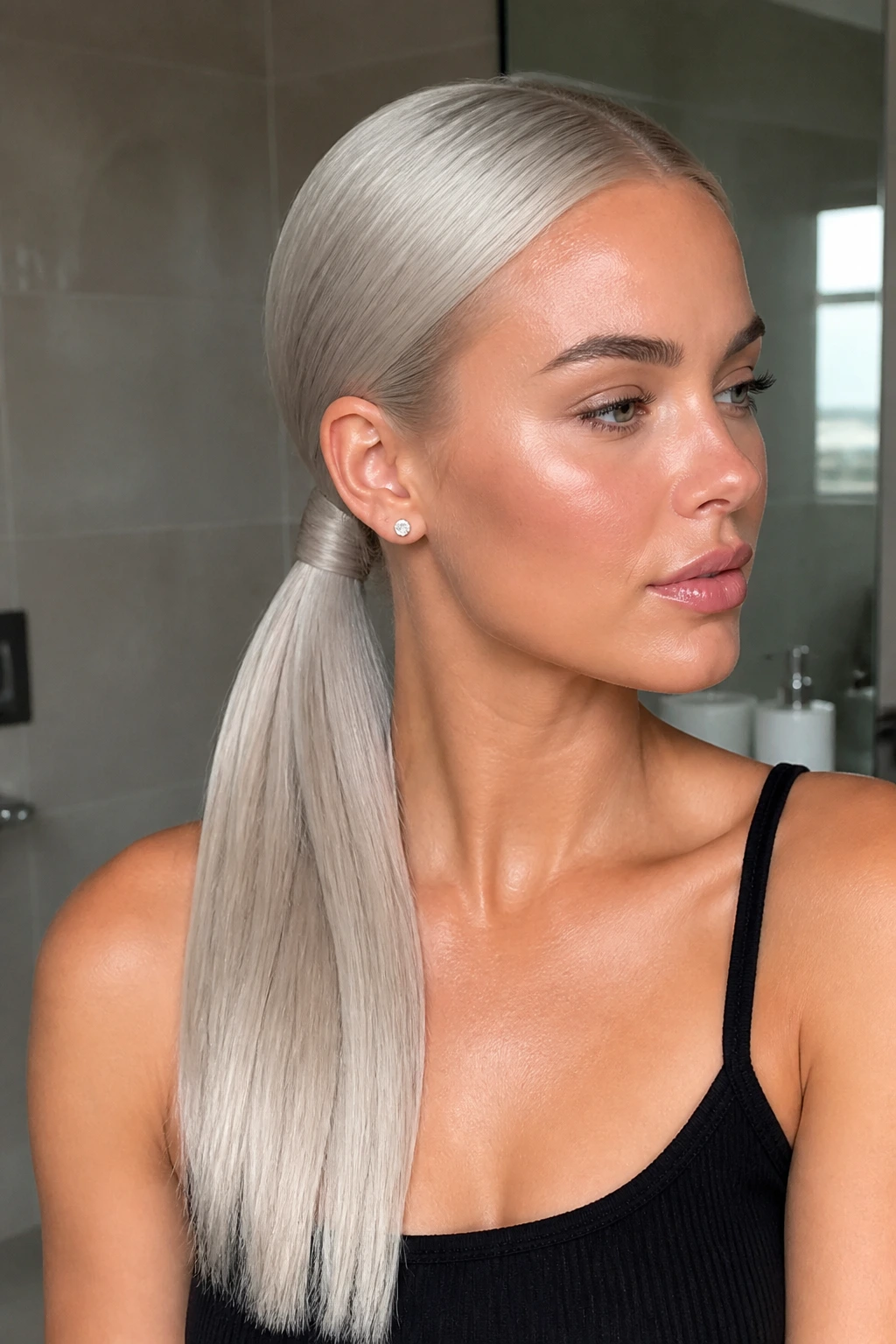 Close-up of a real woman with a sleek silver blonde ponytail
