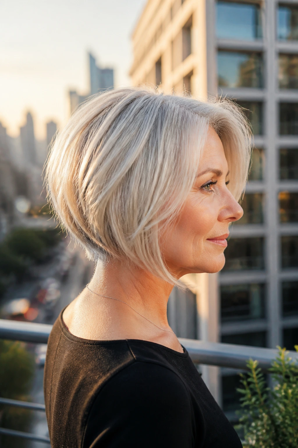 Real woman with silver-blonde stacked bob viewed from side/back to show stacked nape