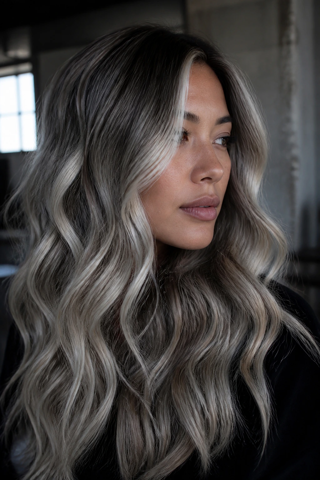 Portrait of real woman with smoky silver-blonde waves in urban loft.