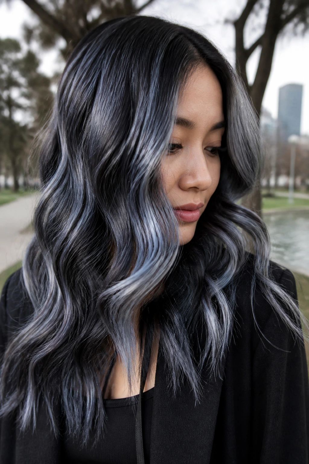 Portrait of a person with silver-blue toned waves on dark hair in a park