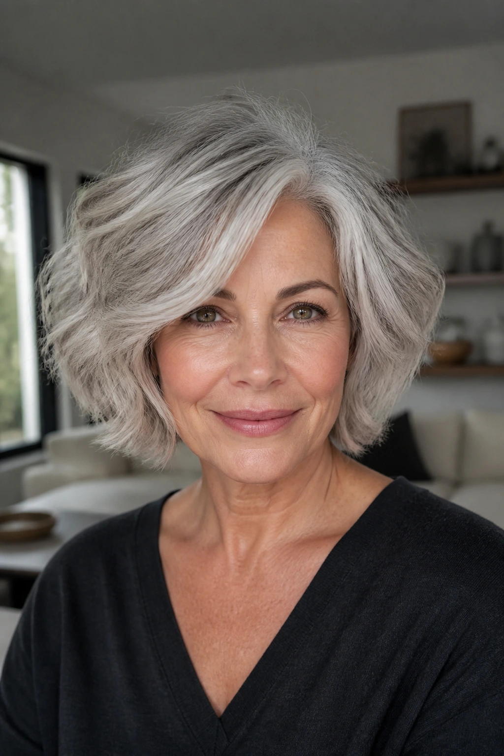 Portrait of a real woman with a silver bob and airy layers