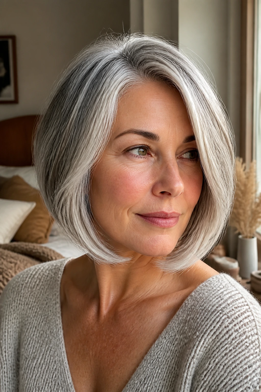 Close-up of a real woman with a silver-gray angled bob and soft bevel, movement and shine on the hair