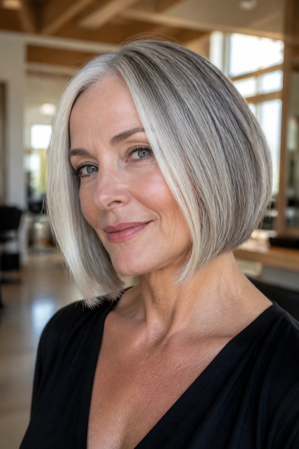 Close-up of a real woman with a silver bob and bright front pieces framing her face
