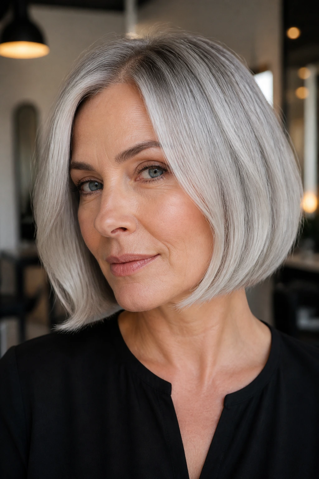 Chin-length silver bob with soft bend on a real person; head-and-shoulders portrait
