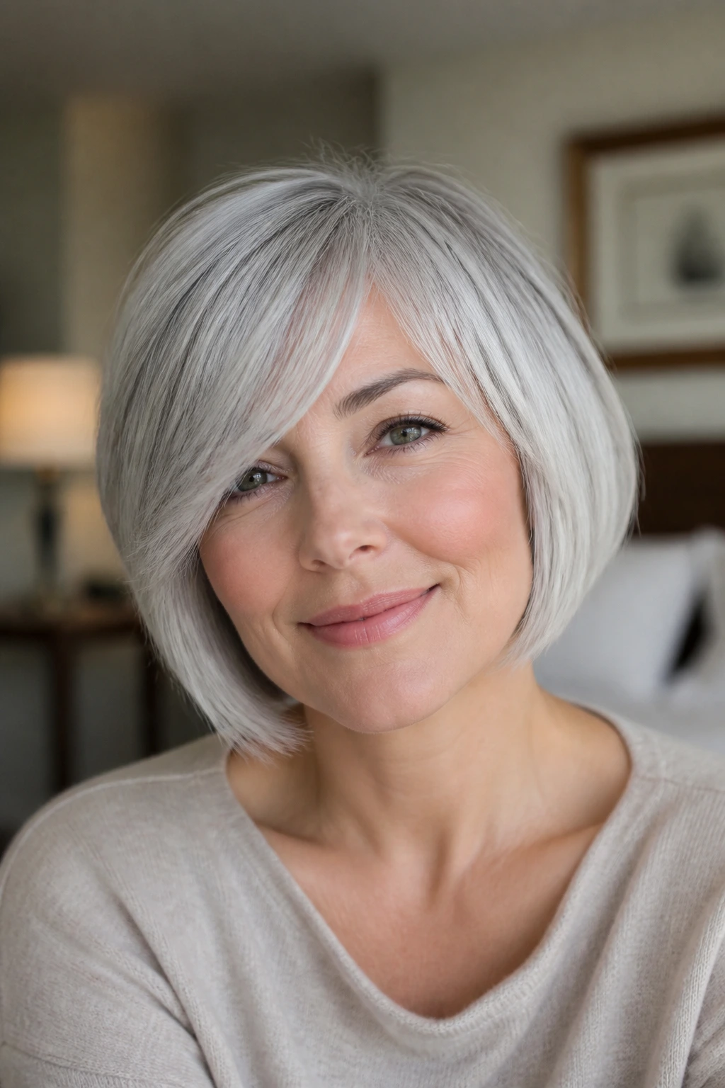 Close-up of a woman with a sweeping fringe silver bob in natural light