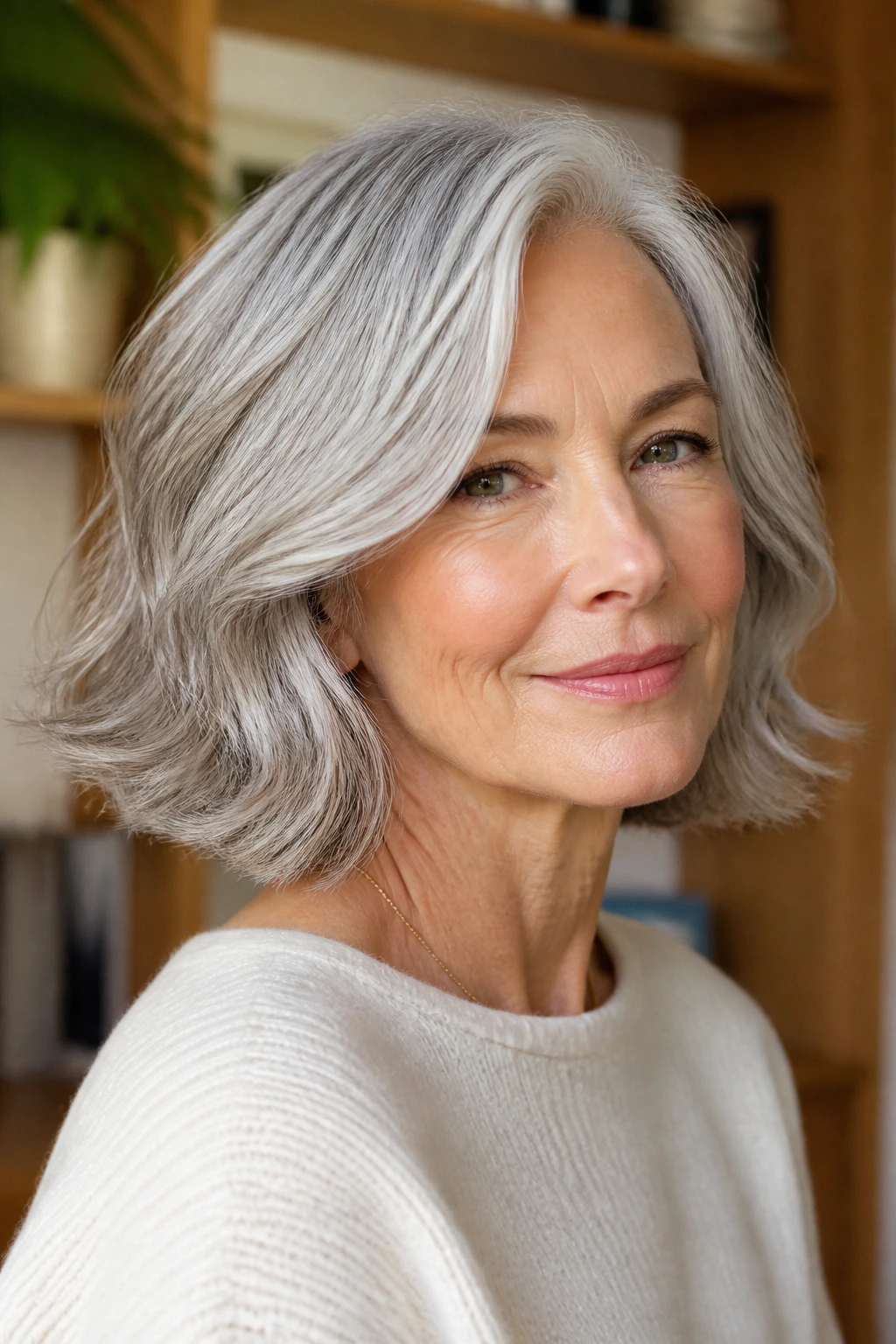 Close-up of a real woman with a silver bob under natural daylight
