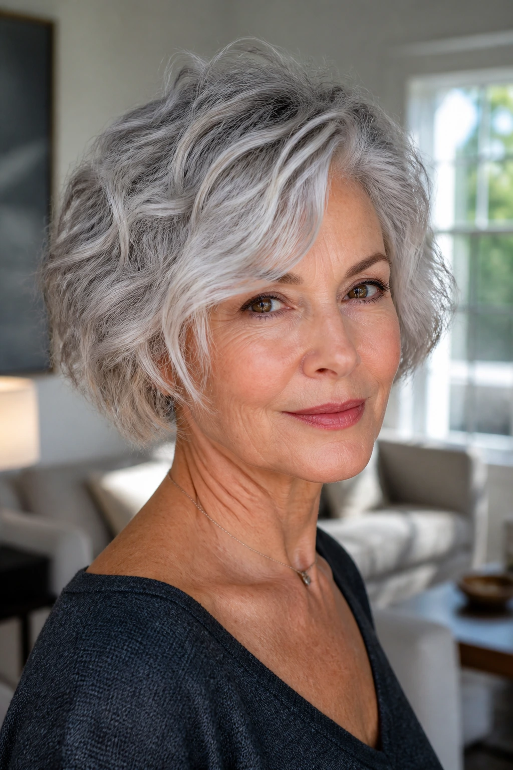 Close-up of a real woman with a silver glow bob and textured curls