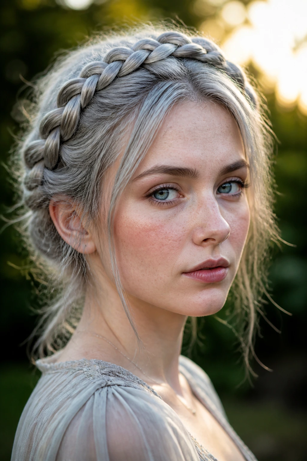 Portrait of real person wearing a silver braided crown with loose wisps near temples
