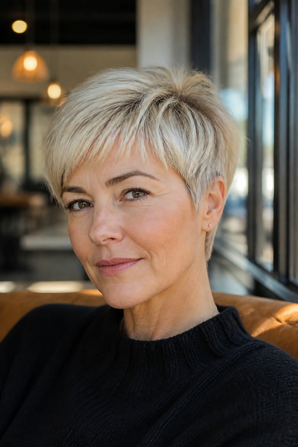 Close-up portrait of a real woman with a silver-butter soft crop hairstyle in sunlit cafe light