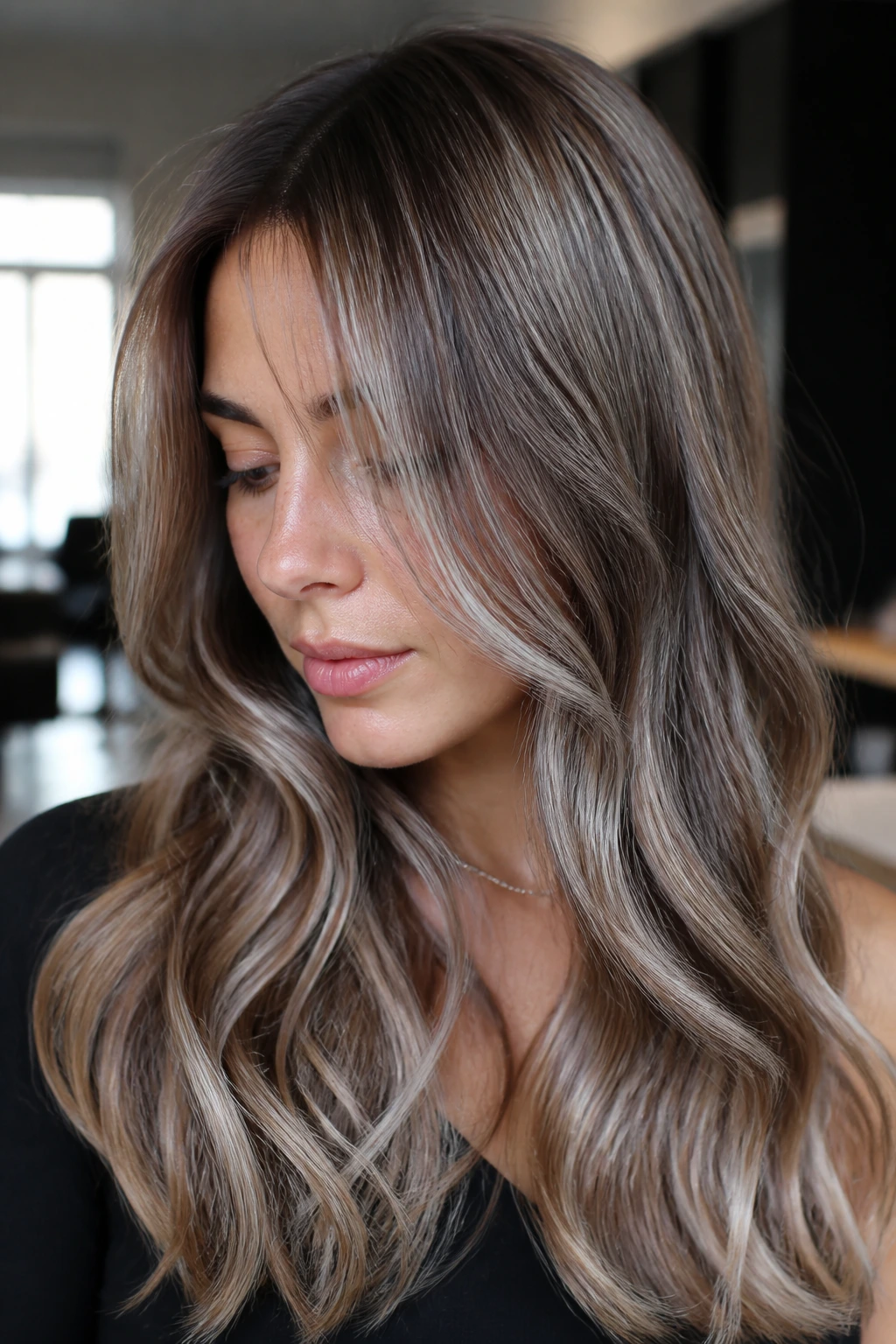 Real woman with silver-caramel ribbon lights in hair