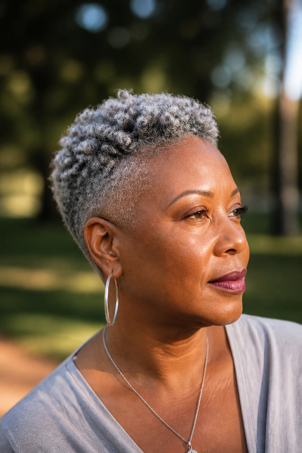 Portrait of a real person with tapered silver coils and natural texture