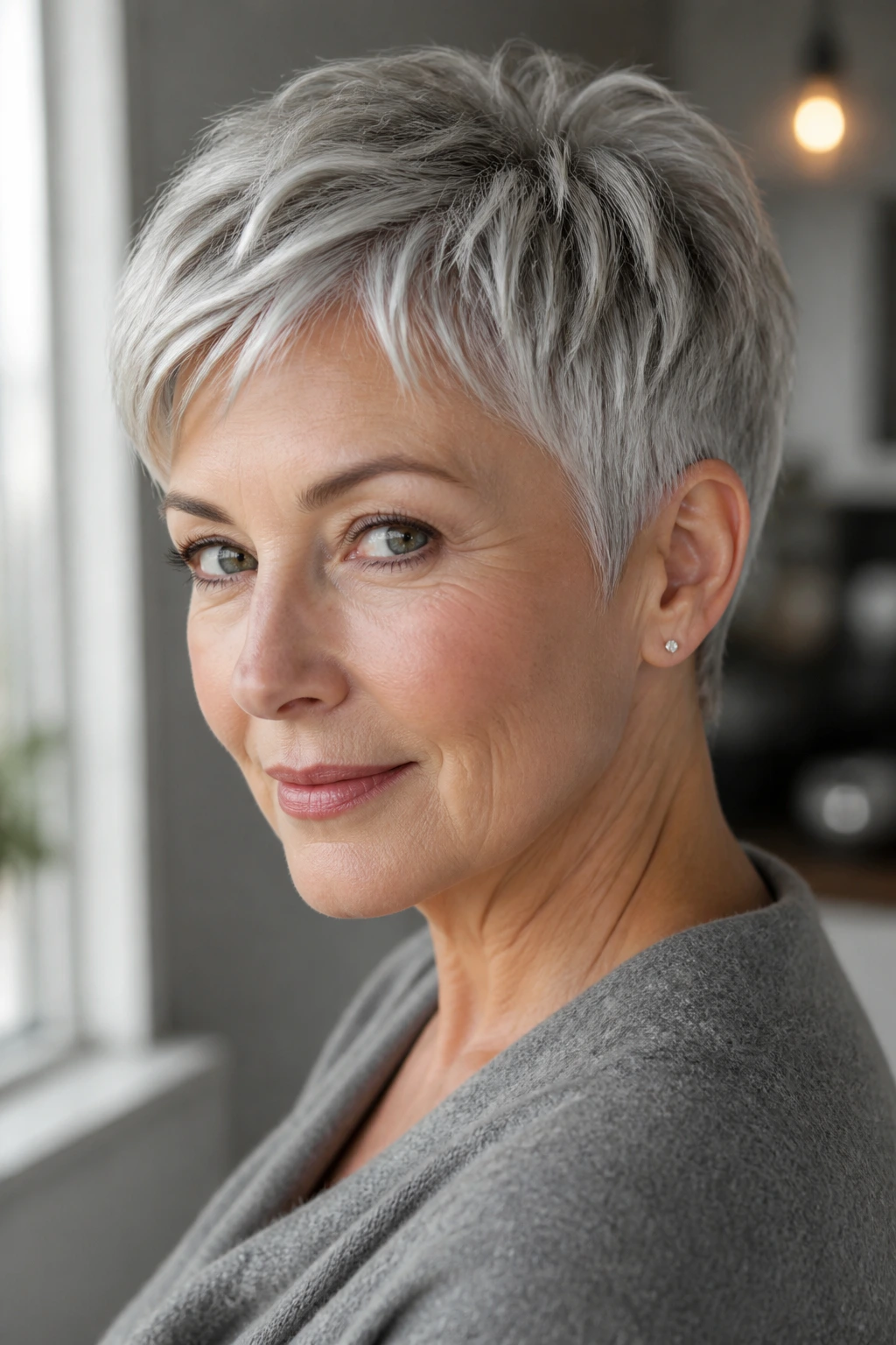 Portrait of a woman with a silver-blend crop and pearl lowlights.