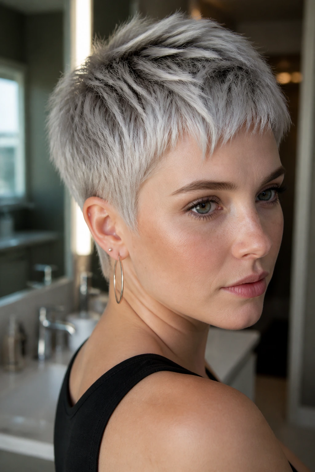 Close-up of a real person with a short silver crop and choppy texture
