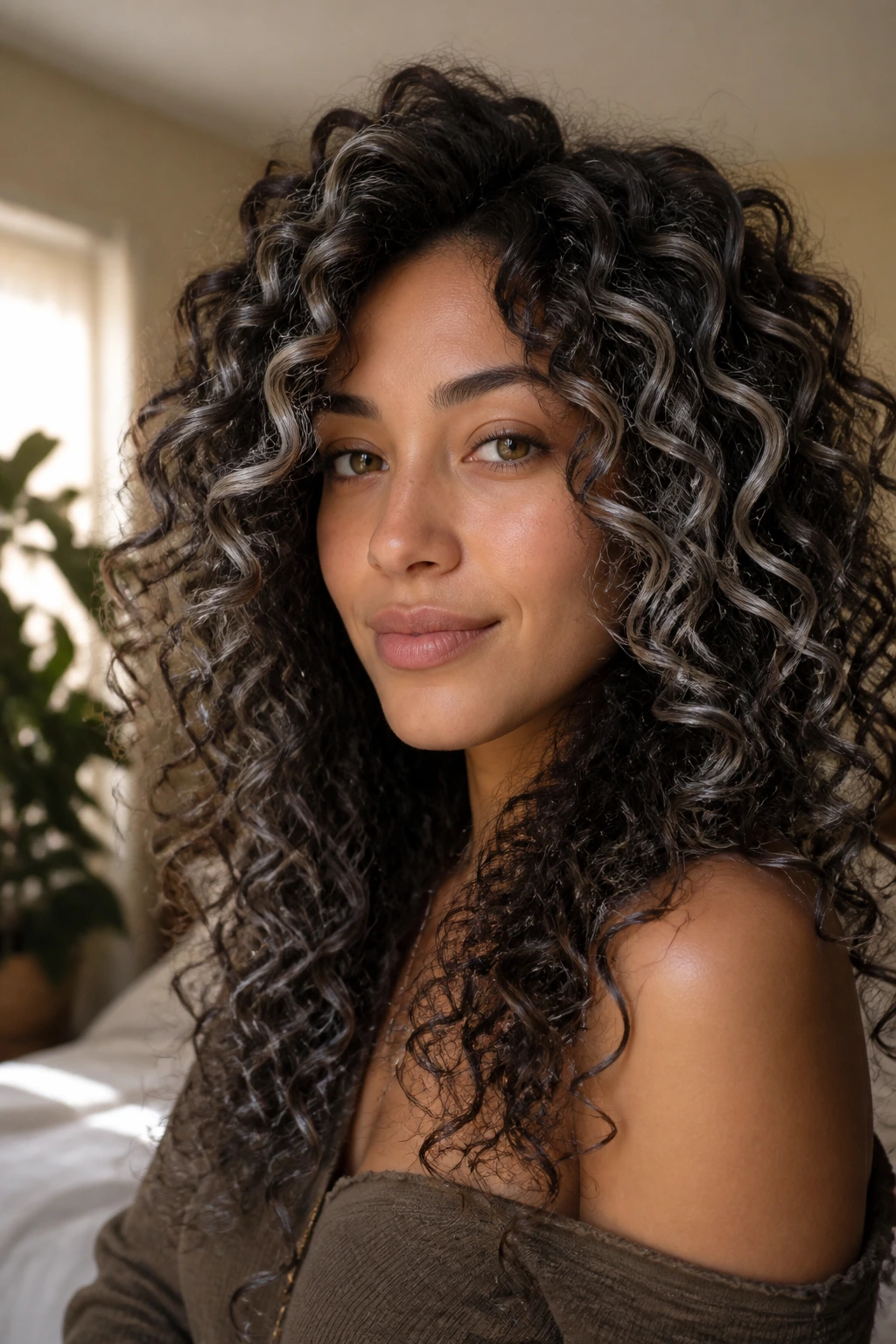 Close-up of brunette curls with silver highlights on a real woman under warm window light