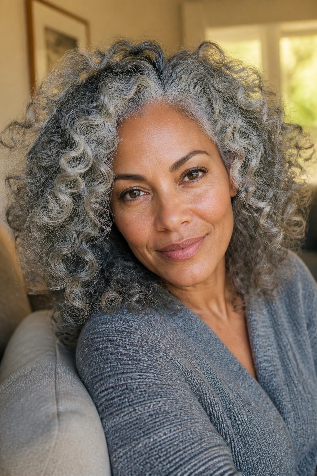 Close-up of a real woman's icy silver curls framing a medium-tone face