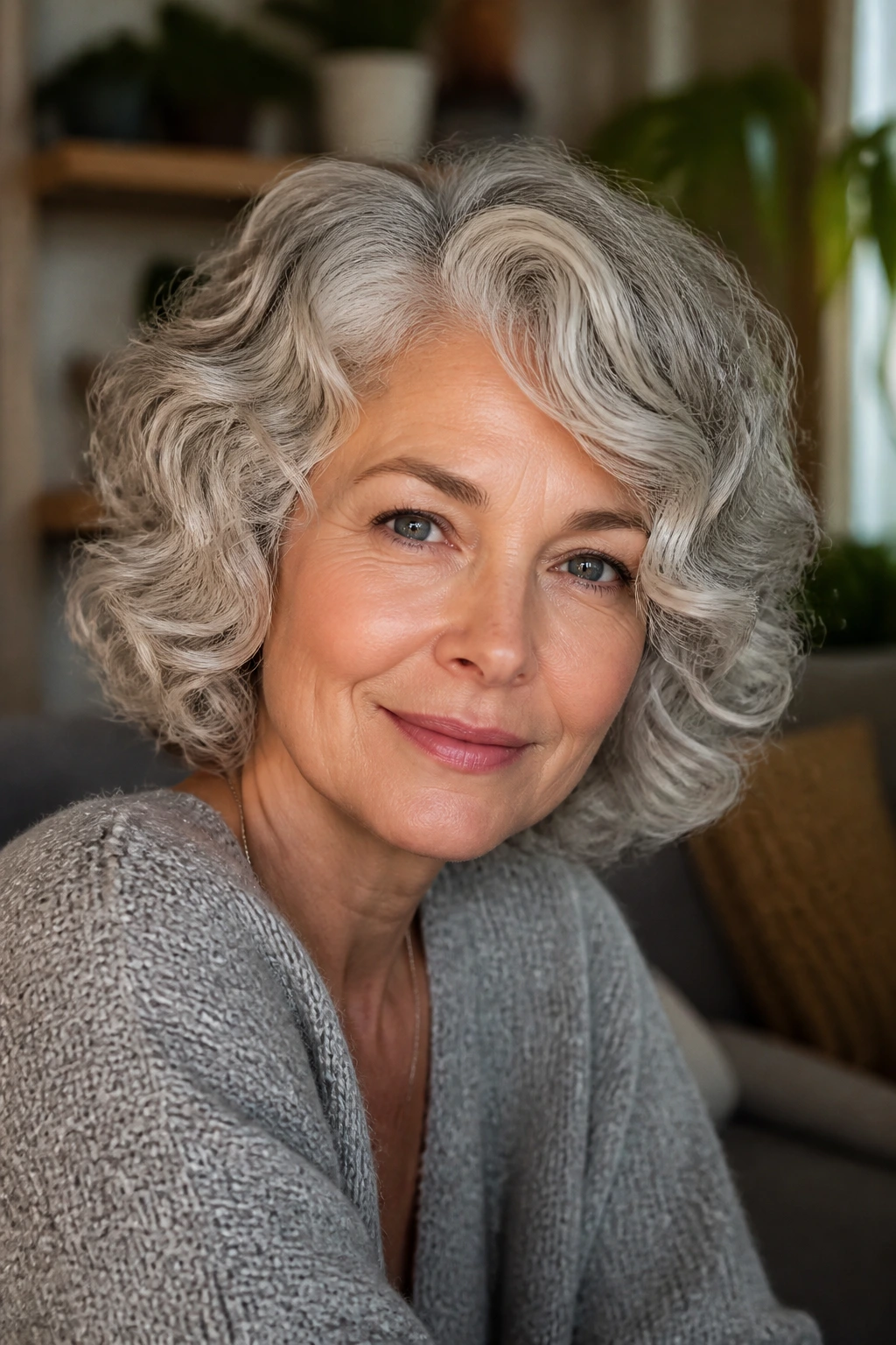 Real person with rounded silver curls and a soft side part in warm daylight