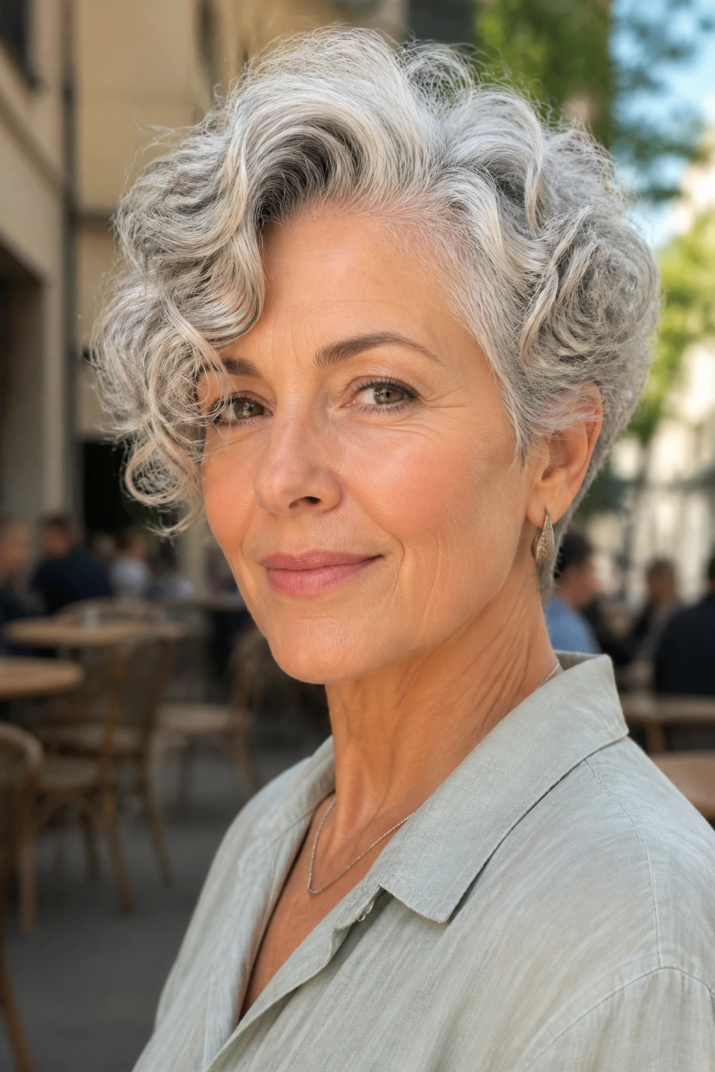Close-up portrait of a real woman with side-parted silver curls at outdoor cafe