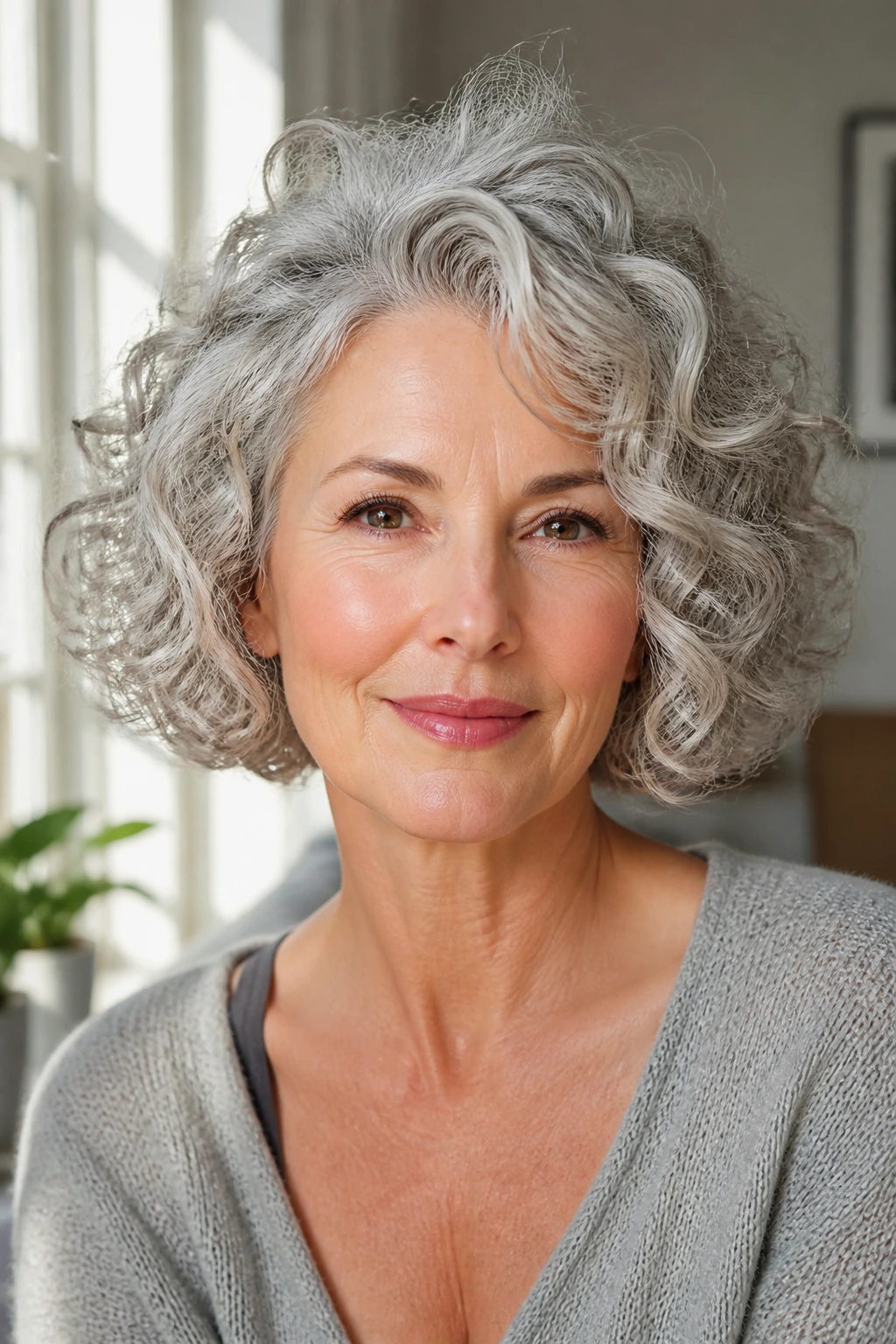 Real woman with silver curly bob close-up; curls frame face