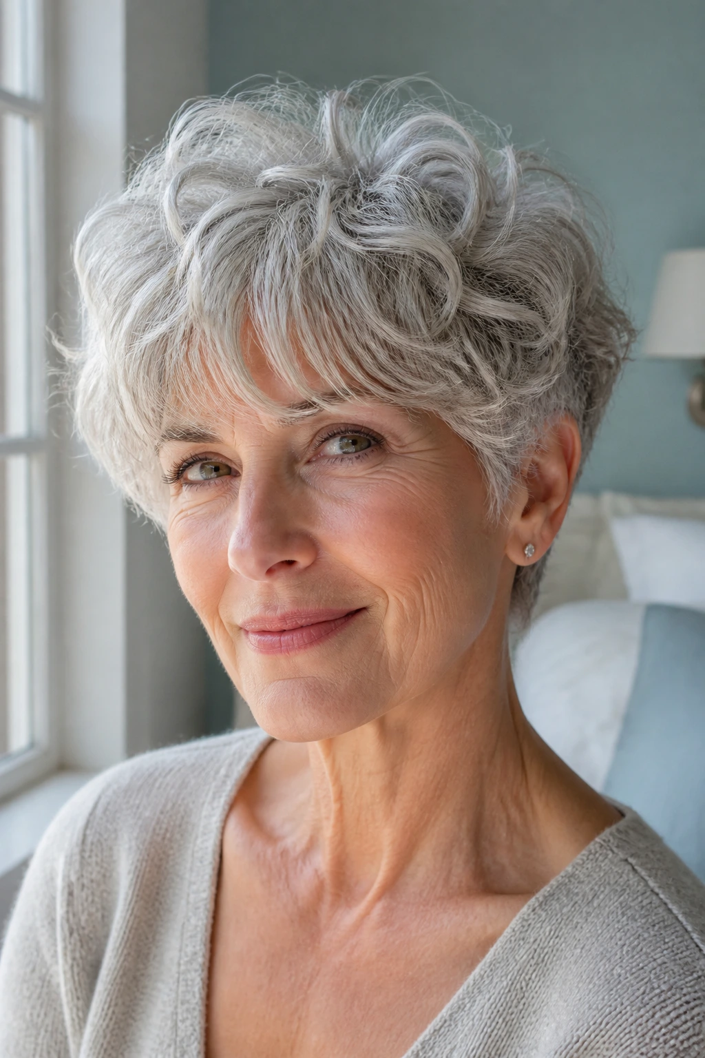 Close-up of an older woman with silver curls and a feathered fringe, soft daytime lighting