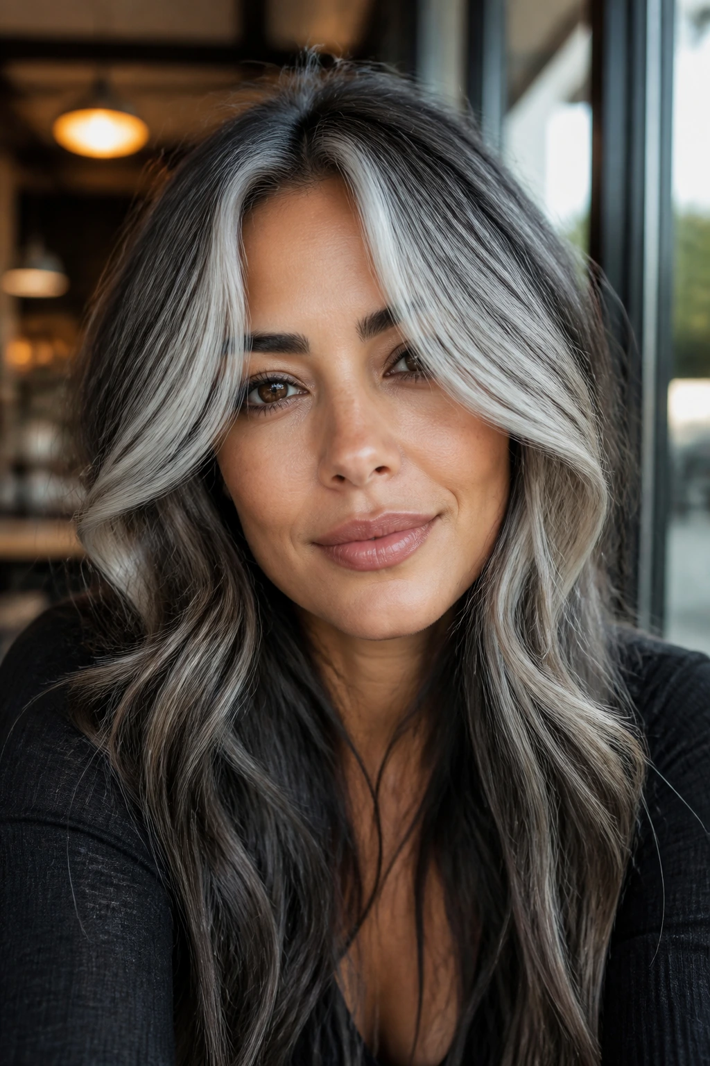 Close-up of a real woman with silver curtain fringe framing the eyes.