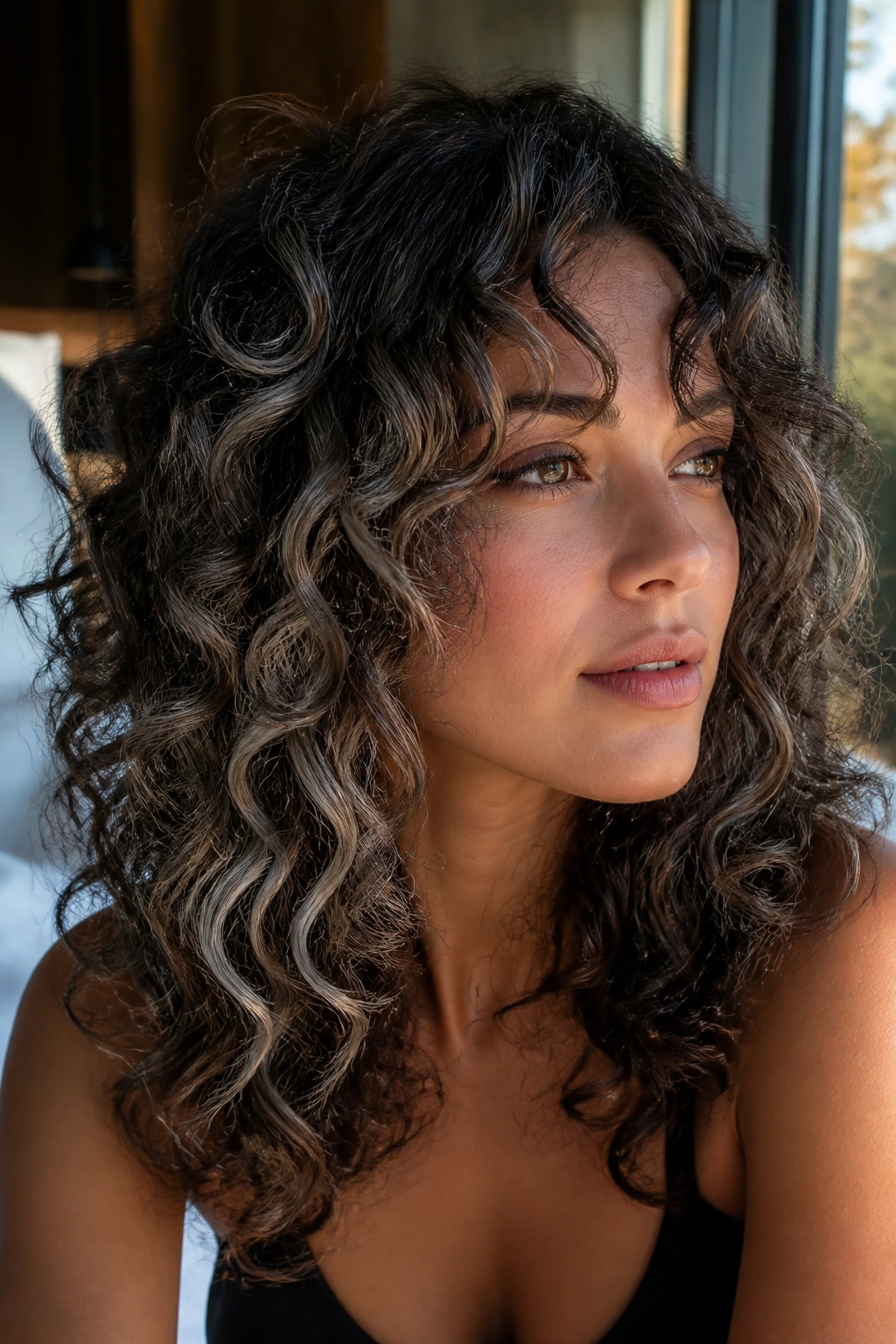 Brunette with varied silver directions in curls