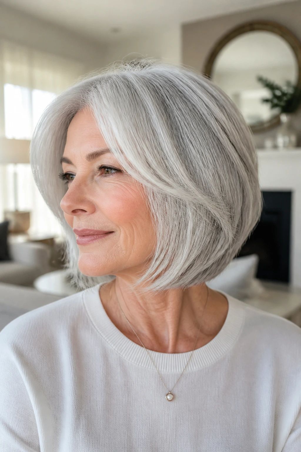 Close-up of a real woman with silver layered bob in natural daylight