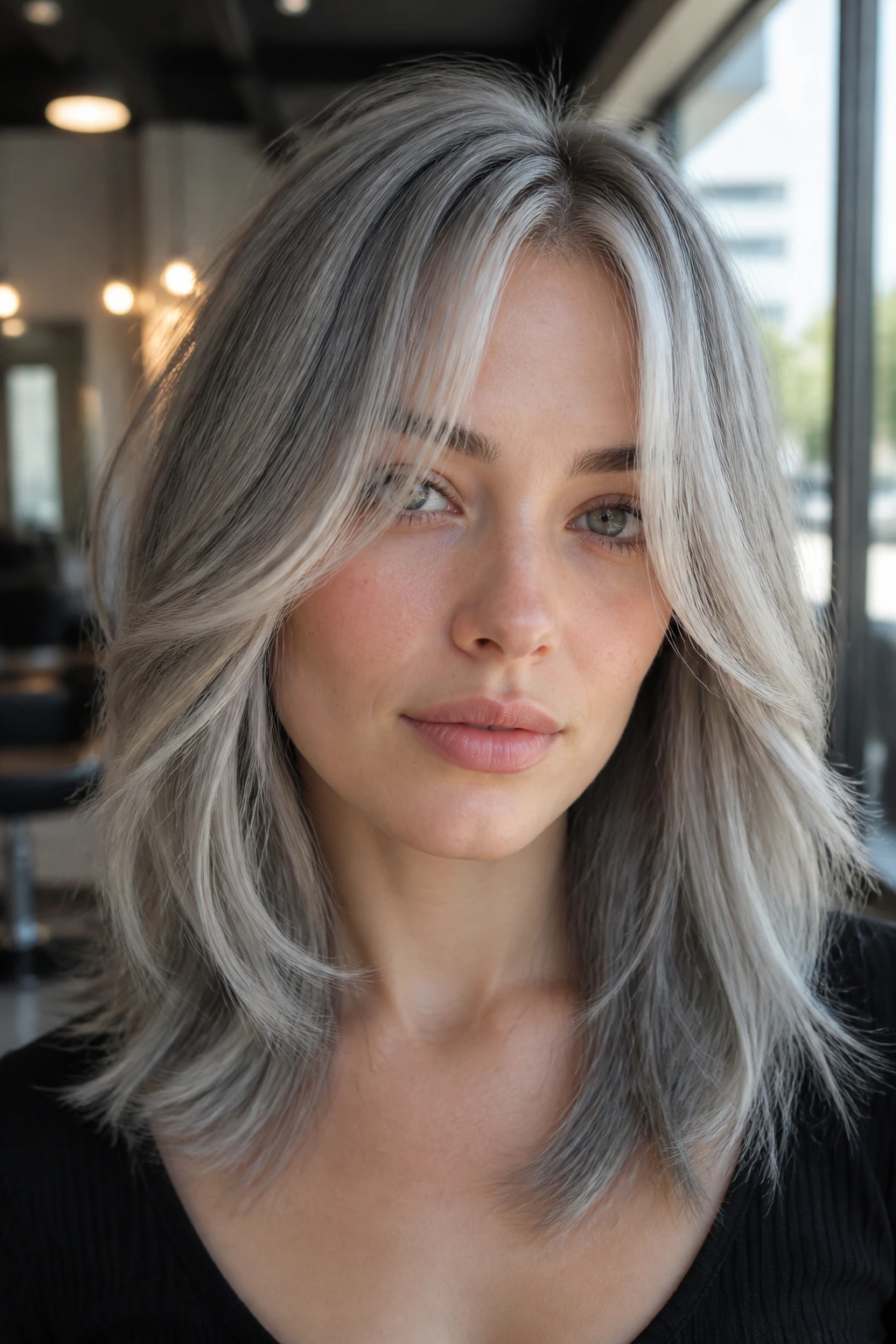 Close-up of a real woman with silver face-framing layers and curtain bangs.