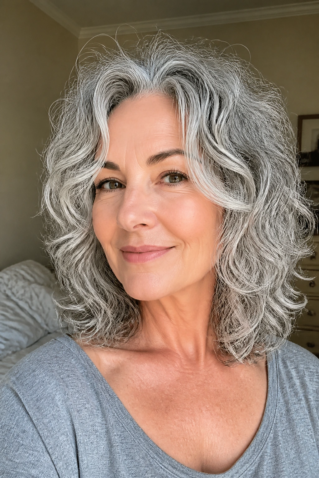 Portrait of a woman with silver-forward layered cut and face-framing curls