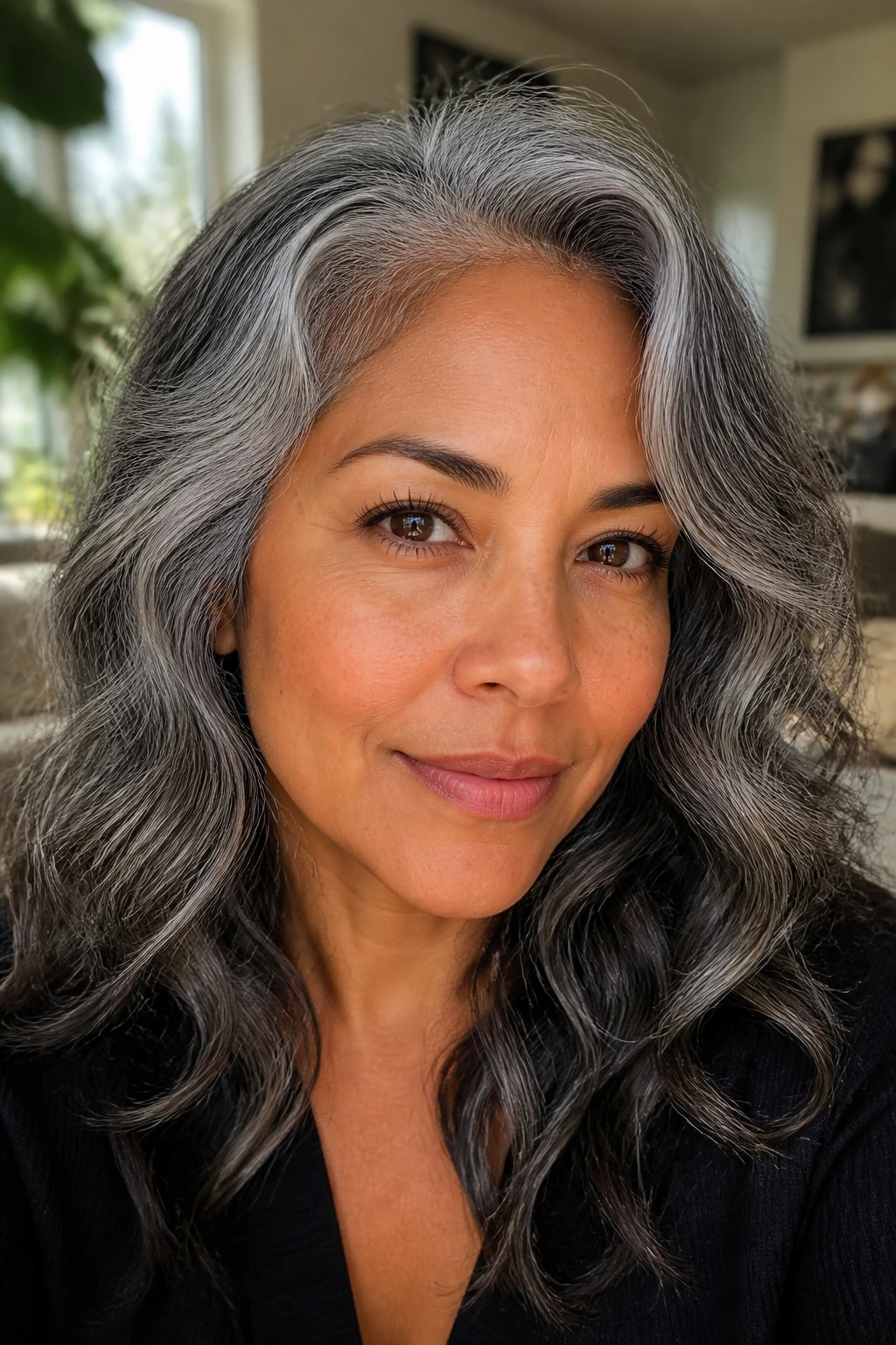 Silver fox blend hairstyle on a real woman with natural temple highlights and wavy hair
