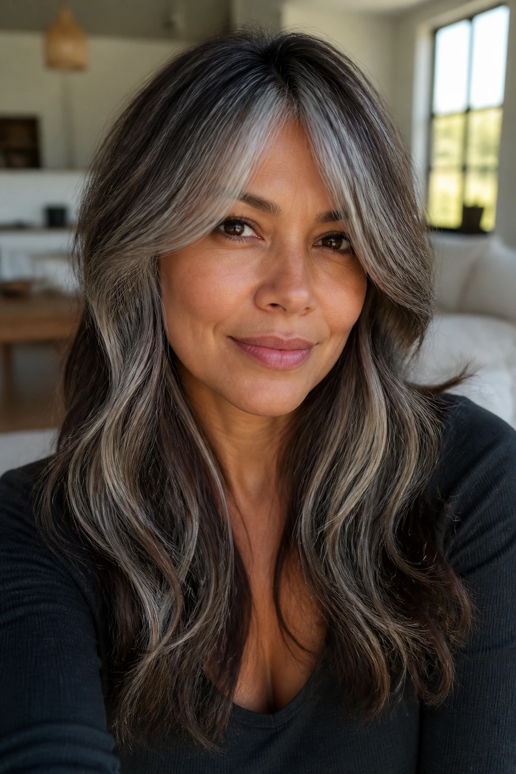 Real woman with brunette base and silver fox highlights in top layers and fringe on tan skin.