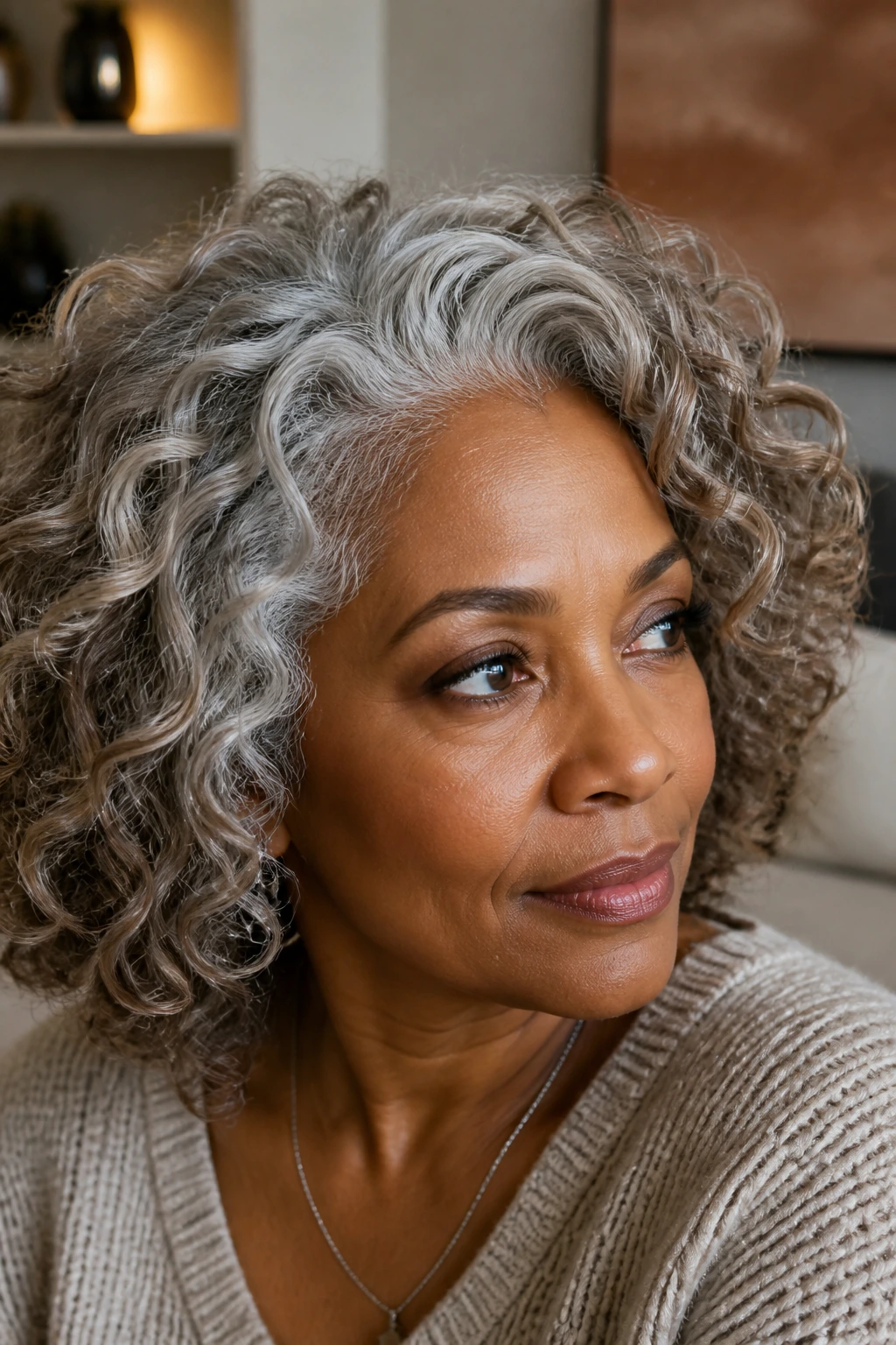 Close-up of real person with silver fox blend and cocoa lowlights.