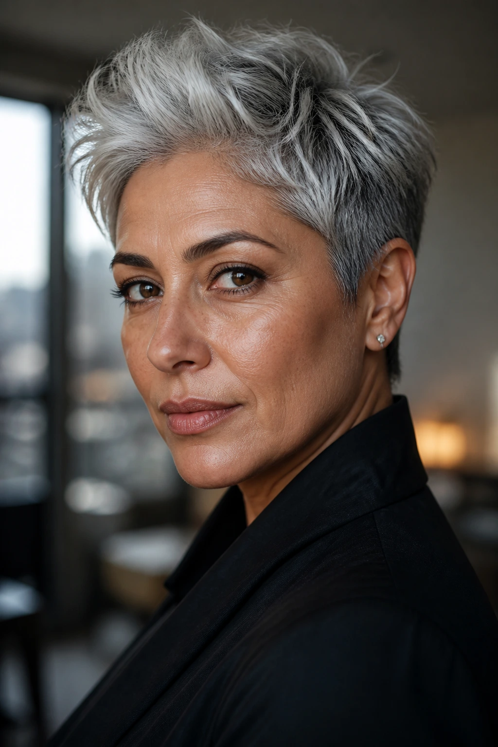 Portrait of a person with a silver fox pixie cut and charcoal depth on olive skin.