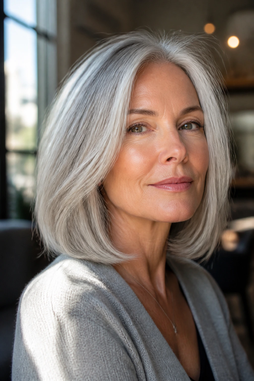 Silver-haired woman with long bob and face-framing layers in natural light