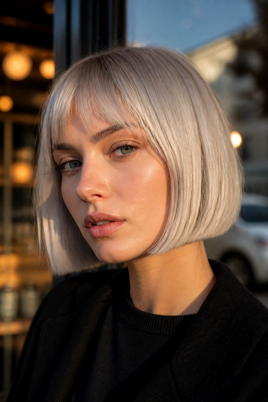 Close-up of a real person with a silver ash French bob at a cafe window