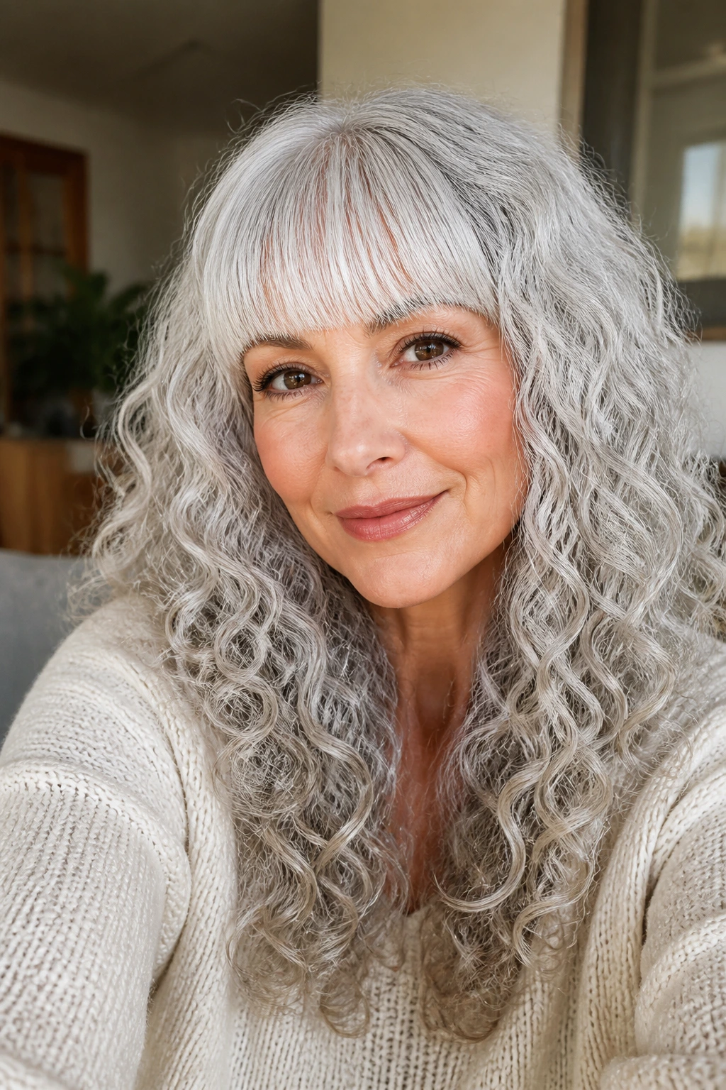 Close-up of a real woman with a silver-white fringe and clean edge.