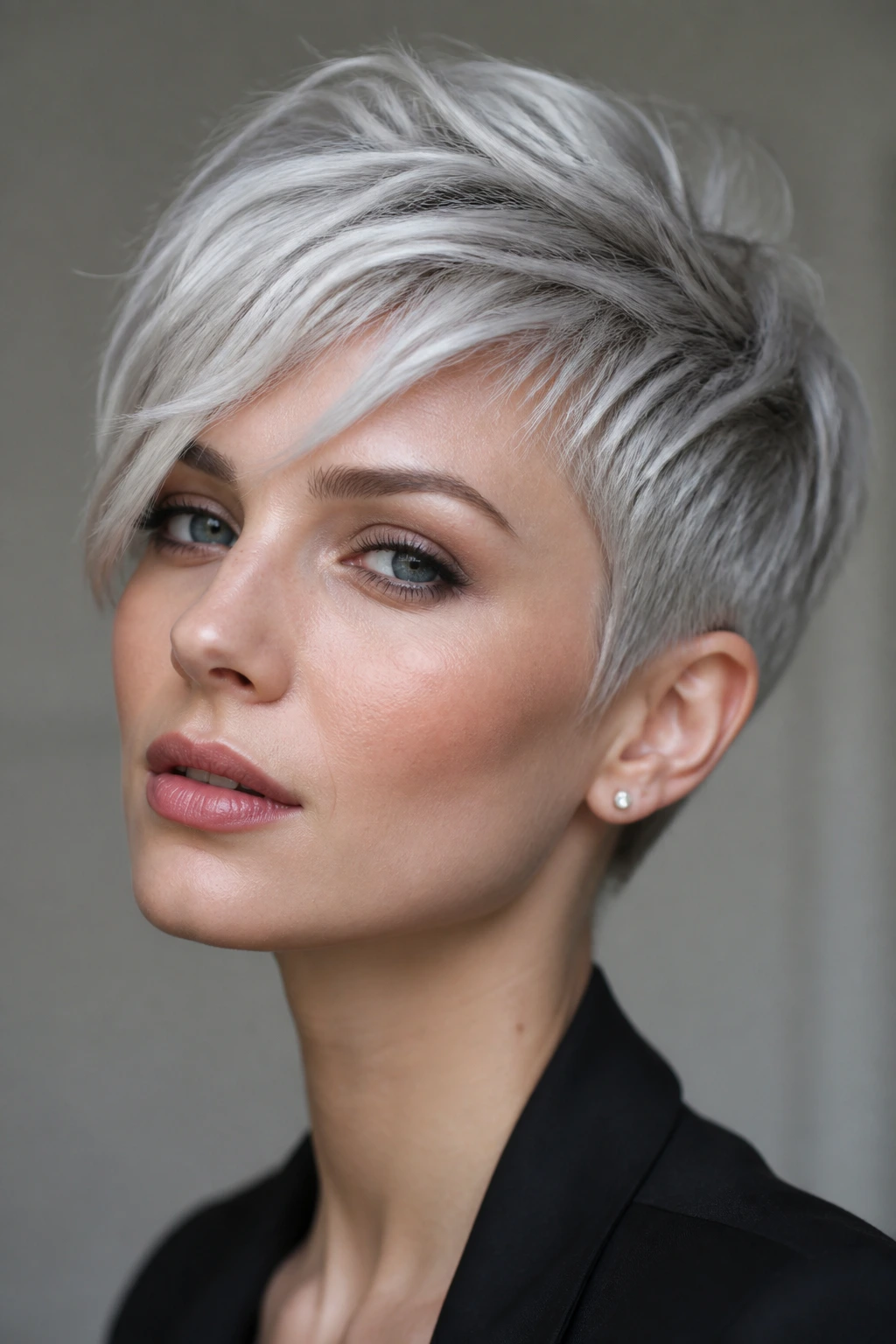 Portrait of a person with a silver-glaze pixie cut in natural light
