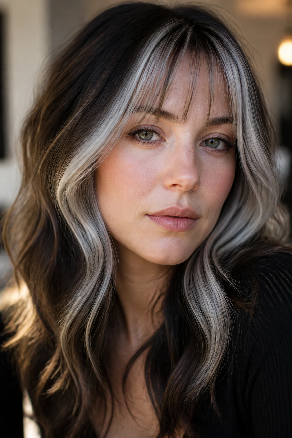 Portrait of a woman with silver face frame and wispy fringe