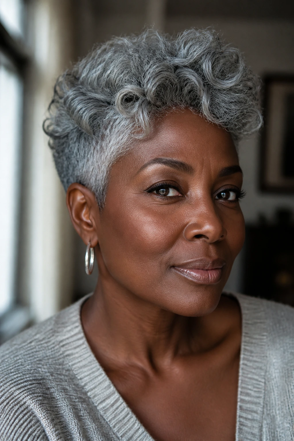 Close-up of deep skin individual with smoky silver-gray hair